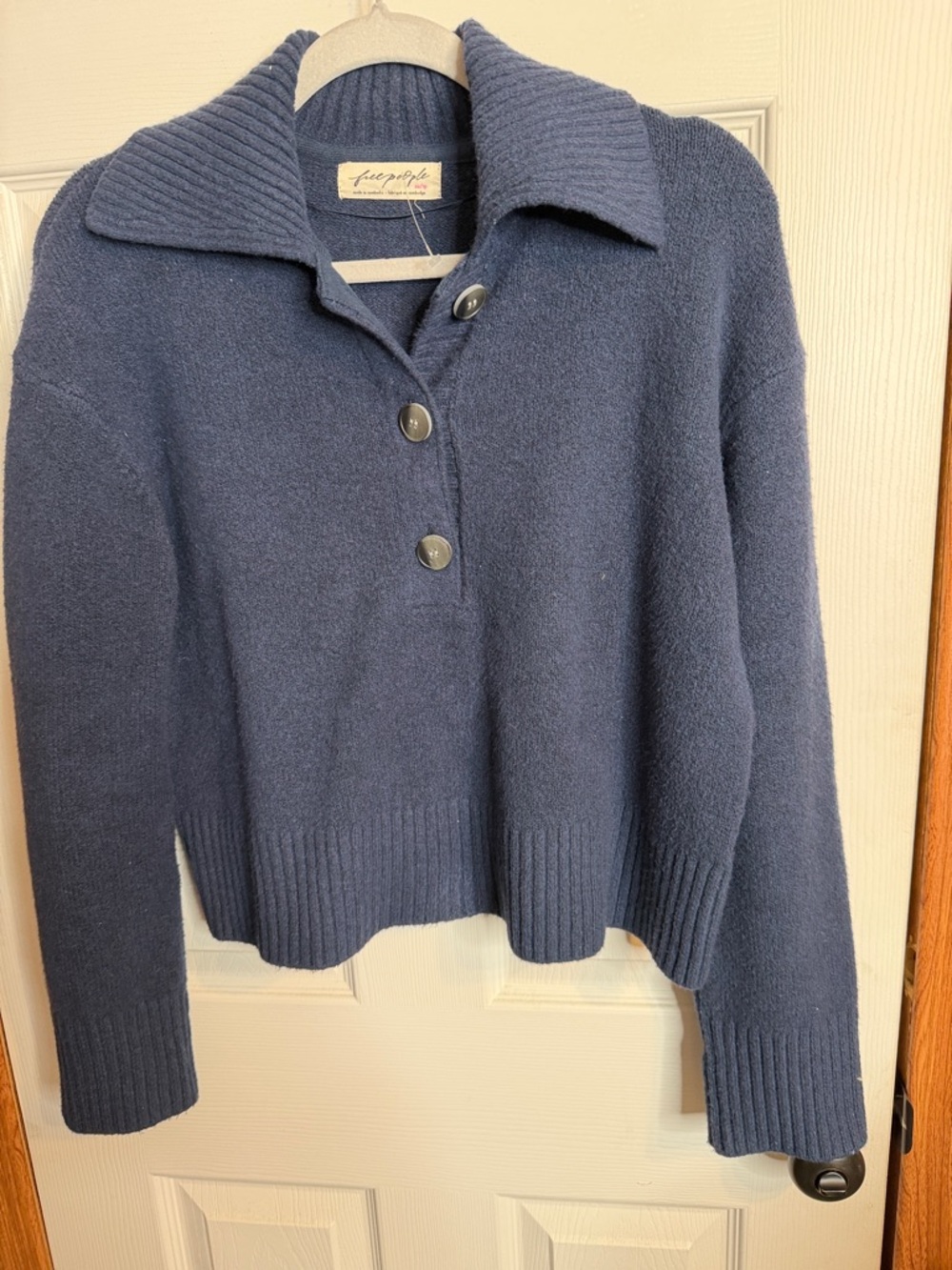 Free People Navy Button-Front V-Neck Collared Sweater
